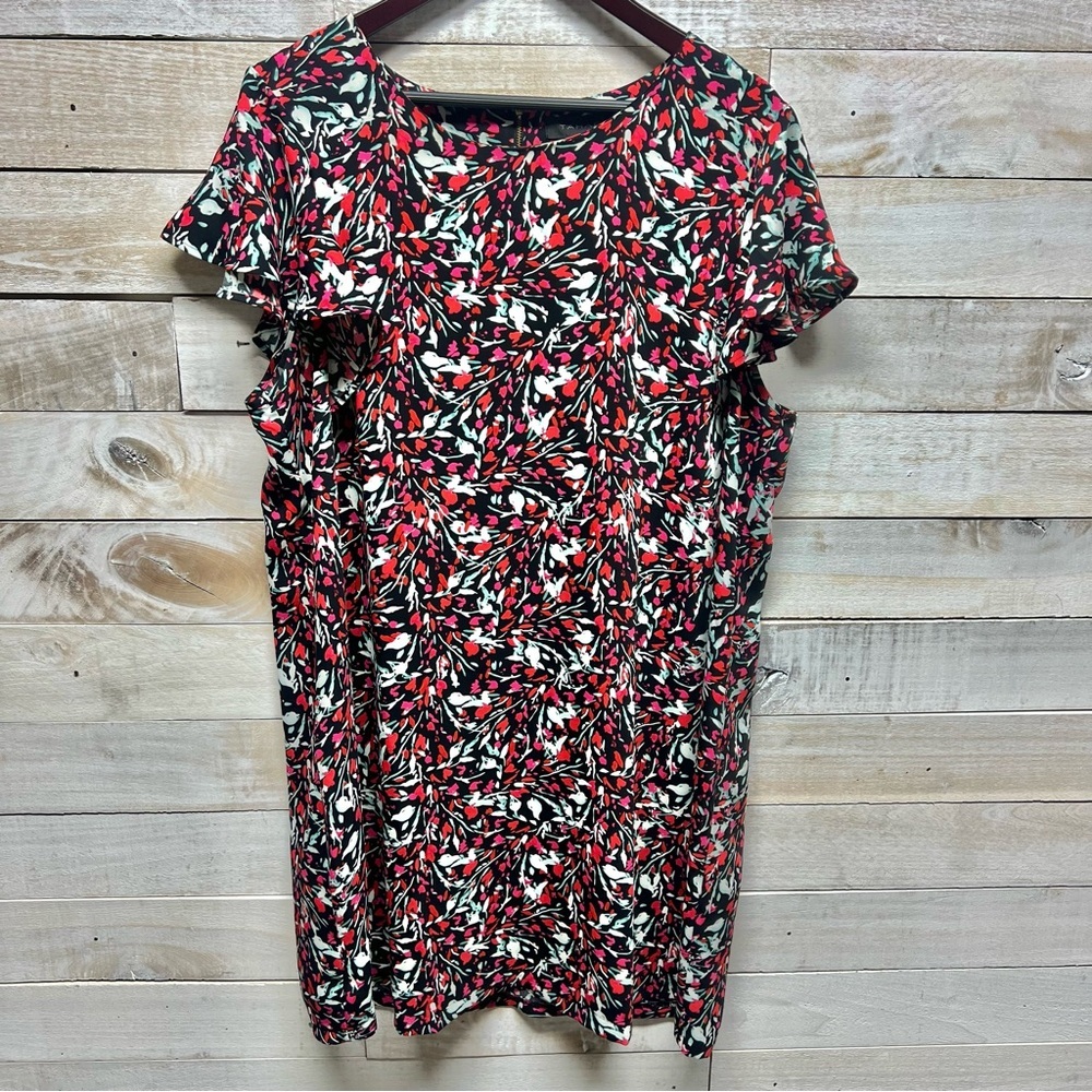 Tahari Dress Womens 1X Red Black Bird Print Flutter Sleeves‎ Sheath